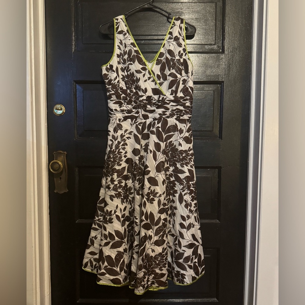 Floral Dress -Green Satin Piping Sleeveless VNeckCrossover Vintage by ROBBIE BEE